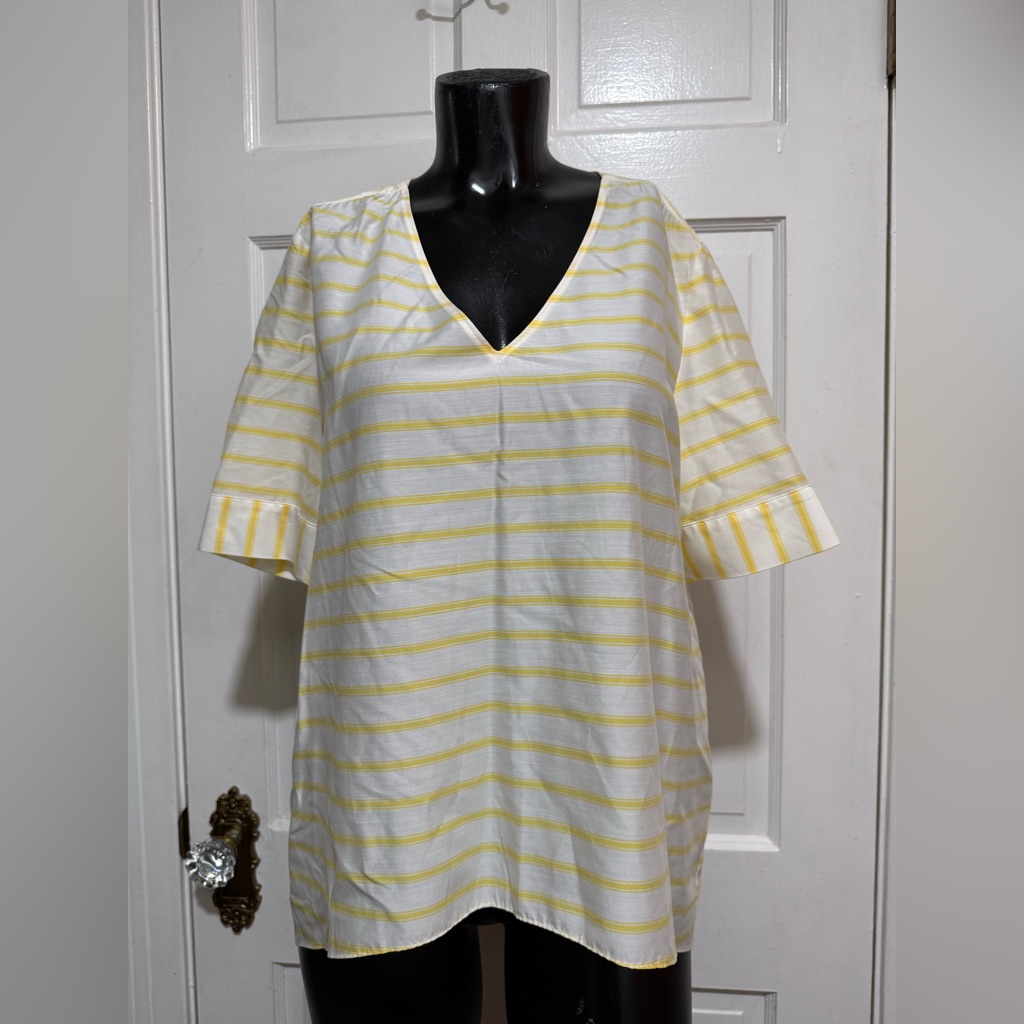 New Cremieux Womens Yellow Stripe Short Sleeve Shirt Size Small